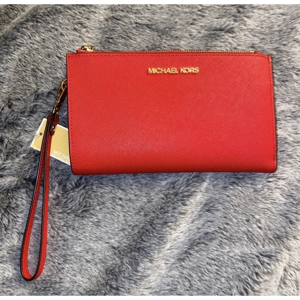Michael‎ Kors Jet Set Double Zip Wristlet Crimson Red Leather Wallet 32T7GAFW4L